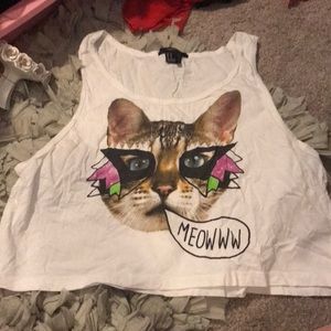 Forever 21 white crop tank with cat design